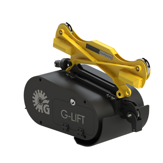 Attrezzo G-LIFT nero e giallo con braccio di sollevamento, utilizzato per sollevamenti pesanti.