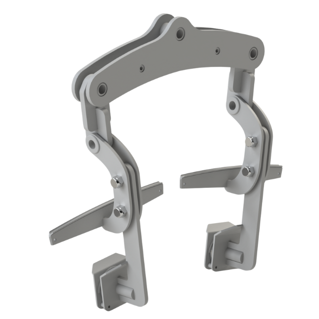 Telaio chirurgico grigio con bracci articolati e morsetti.