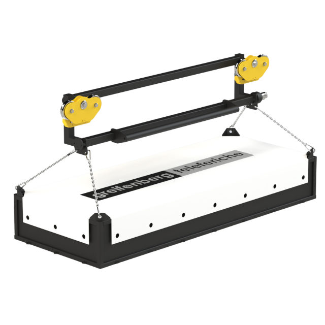 Spazzatrice magnetica con ruote gialle, telaio nero e carrozzeria bianca; logo 