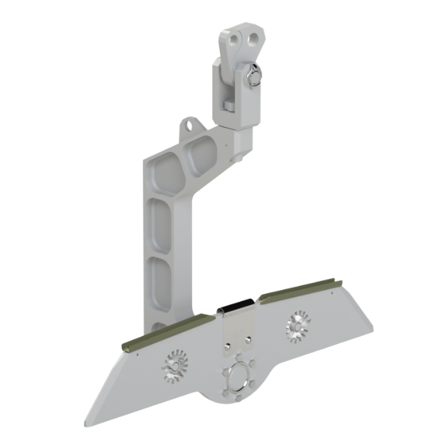 Staffa industriale bianca e articolata con base fissa, probabilmente per montaggio o supporto.