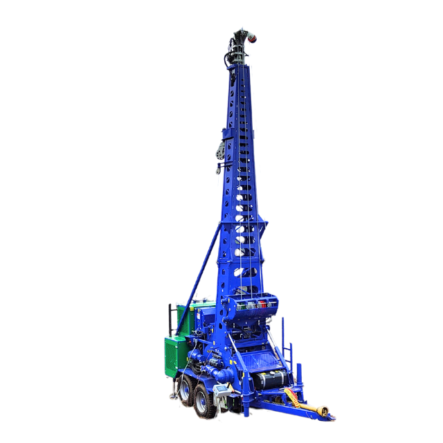 Piattaforma di perforazione blu su ruote, utilizzata per la perforazione di pozzi.