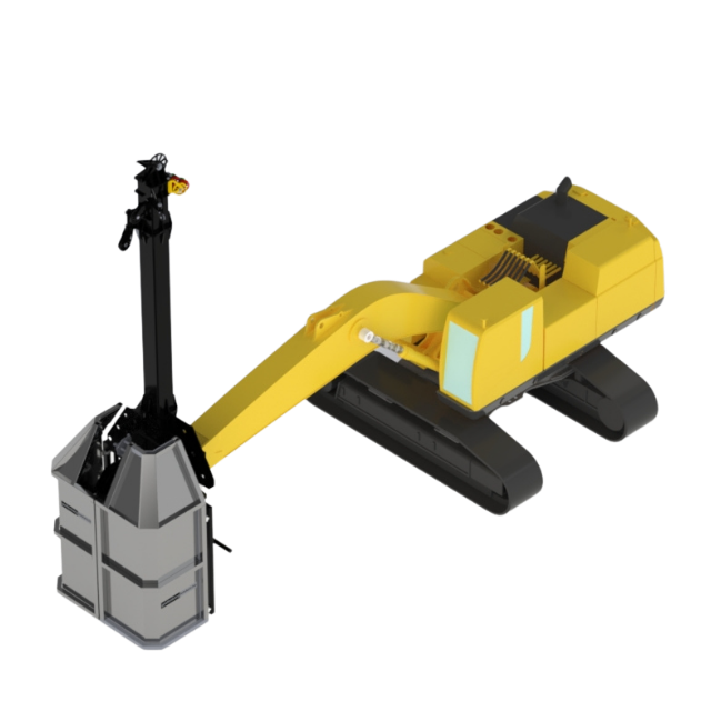 Braccio robotico giallo con un secchio grigio e un braccio nero fissato a una base cingolata nera.