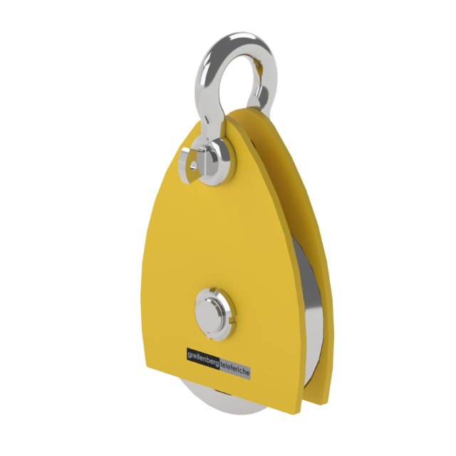 Carrucola gialla con gancio e ruota in metallo.
