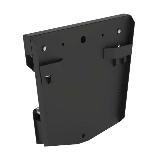 Staffa di montaggio in metallo nero con vari fori e linguette.