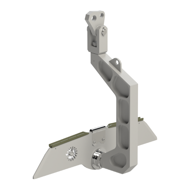 Braccio robotico grigio con base triangolare, collegato a una testa girevole.