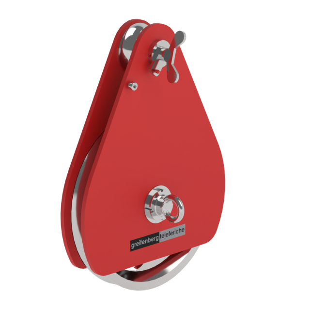 Carrucola rossa con ruota e anello argentati, probabilmente per il sollevamento.