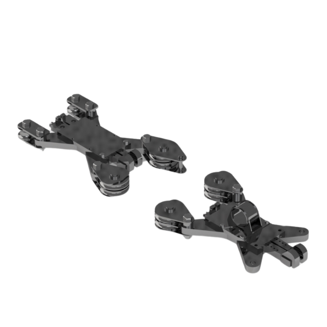 Due dispositivi neri dall'aspetto meccanico, dotati di più parti mobili.