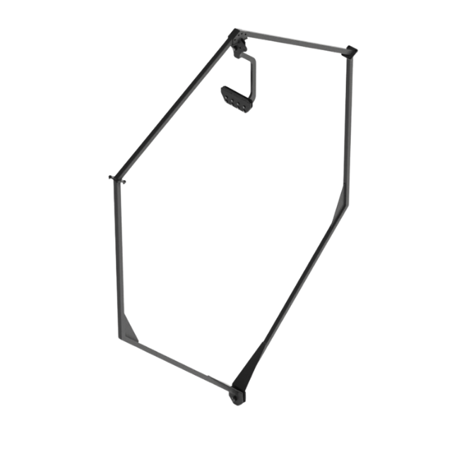 Telaio a C in metallo nero con manovella fissata alla barra superiore.
