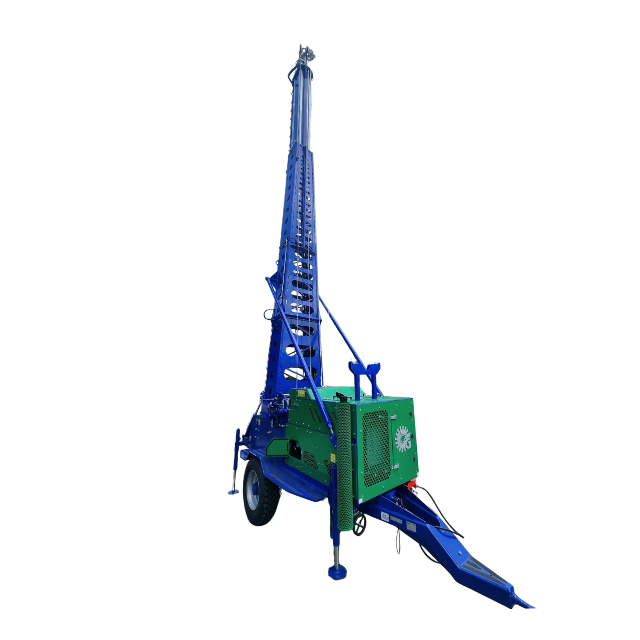 Torre di illuminazione mobile blu e verde su ruote; sfondo bianco.