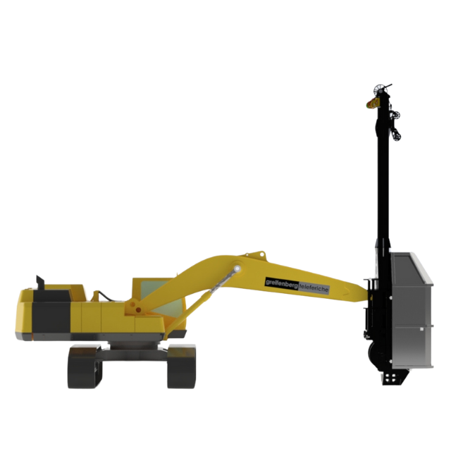 Escavatore giallo con una struttura nera, alta e montata.