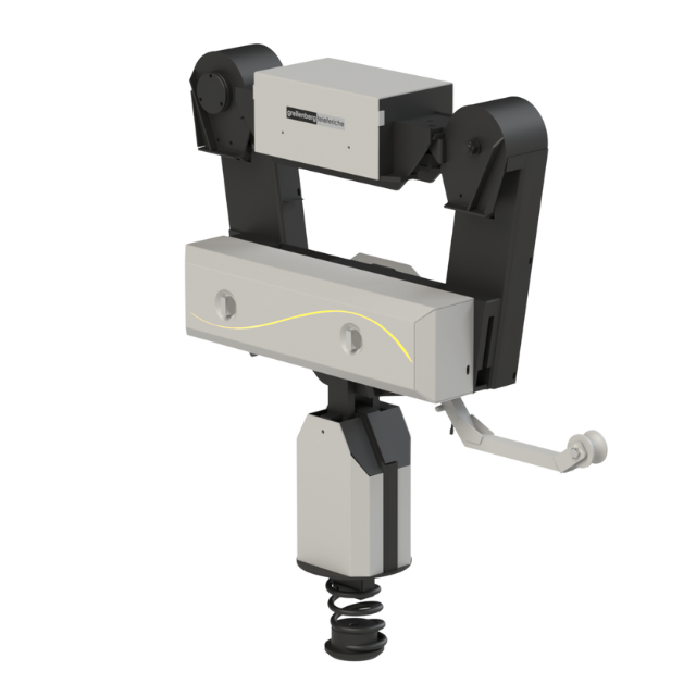 Dispositivo di imaging medico, grigio chiaro con supporti neri, braccio angolato.