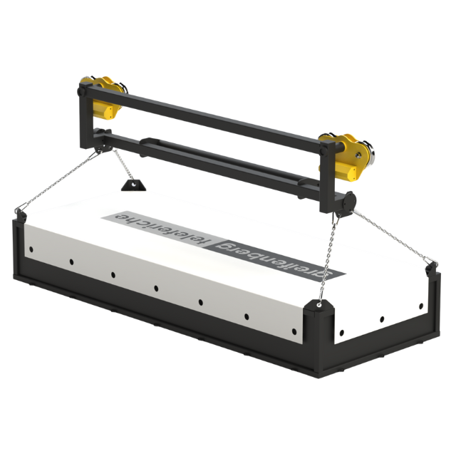 Spazzatrice magnetica bianca e nera sospesa su un telaio giallo, progettata per raccogliere detriti metallici.