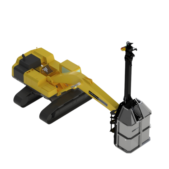 Escavatore cingolato giallo e nero con attacco per perforatrice.