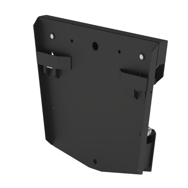 Staffa metallica nera, probabilmente per montare qualcosa su una parete o su un'altra superficie.