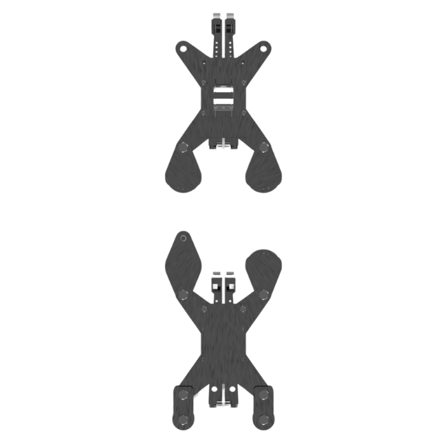 Due telai per droni simmetrici, grigio scuro, vista dall'alto e dal basso, con bracci regolabili e supporto centrale.
