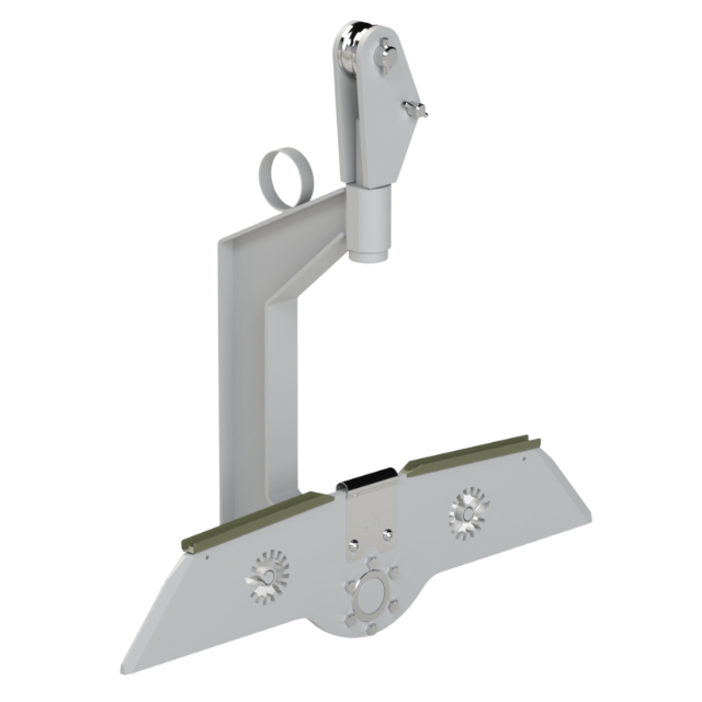 Staffa di montaggio in metallo grigio con braccio girevole e base, probabilmente per un proiettore o un apparecchio di illuminazione.