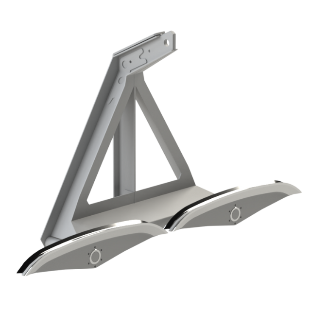 Supporto triangolare argentato con due apparecchi di illuminazione curvi.