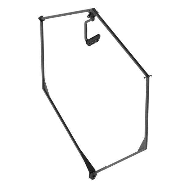 Telaio per portiera in metallo nero con supporto per specchietto laterale.