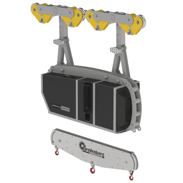 Sistema di gru a ponte con telaio in metallo grigio, pulegge gialle, scatola nera e trave di sollevamento curva.