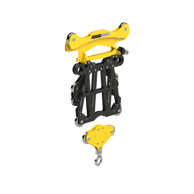 Sistema di sartiame giallo e nero con gancio, utilizzato per il sollevamento.