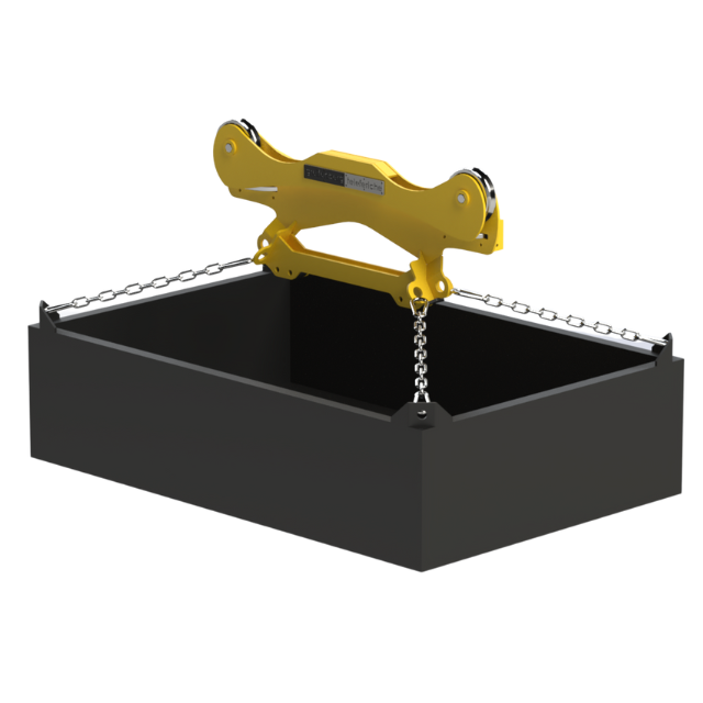 Dispositivo di sollevamento giallo con catene fissate a un contenitore rettangolare nero.