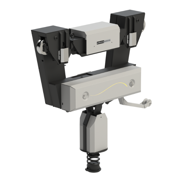 Braccio robotico industriale con componenti grigi e neri, base a molla.
