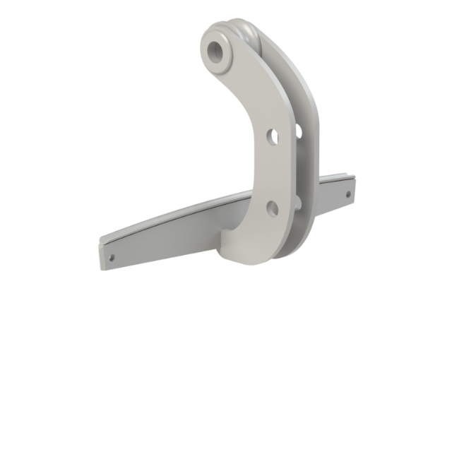 Leva in metallo grigio con braccio curvo e punti di montaggio.