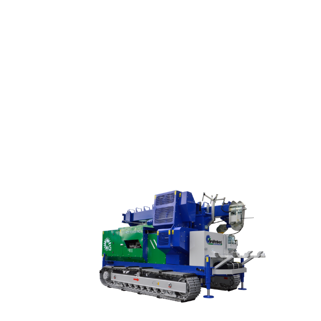 Macchina per il riciclaggio su cingoli blu e verde con sfondo bianco.