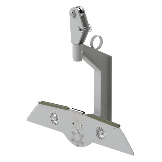Dispositivo di sollevamento industriale in argento con supporto angolato e braccio girevole.