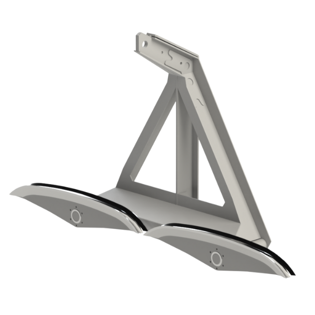 Staffa in metallo grigio che sostiene due luci curve e argentate, probabilmente per l'illuminazione stradale.