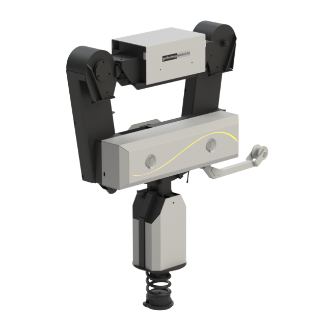 Un dispositivo robotico grigio e nero con una linea gialla curva, probabilmente destinato all'uso industriale.