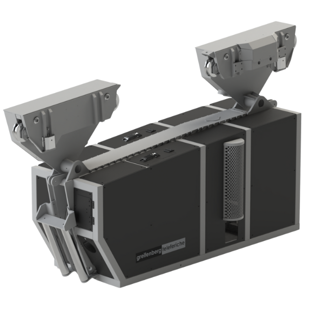 Dispositivo industriale nero e argento con due scomparti incernierati, probabilmente per funzionamento meccanico.