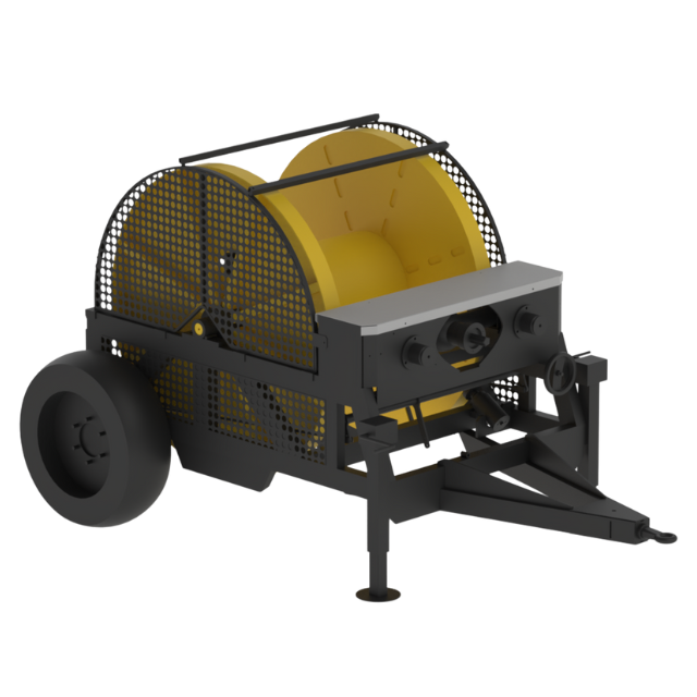 Rimorchio con avvolgicavo giallo, telaio nero, una ruota.