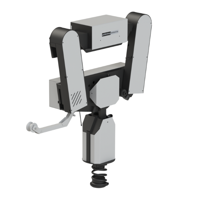 Dispositivo robotico, principalmente di colore nero e grigio, dotato di braccio girevole e base a ventosa.