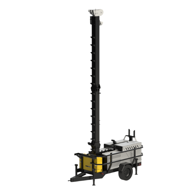 Torre faro mobile su rimorchio, con un albero alto e allungabile. Dettagli neri e gialli.
