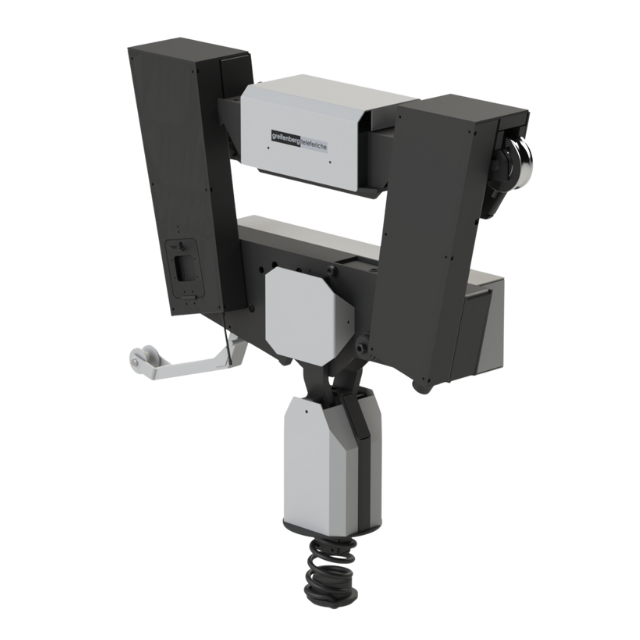 Braccio robotico, nero e grigio, con telecamera e maniglia.