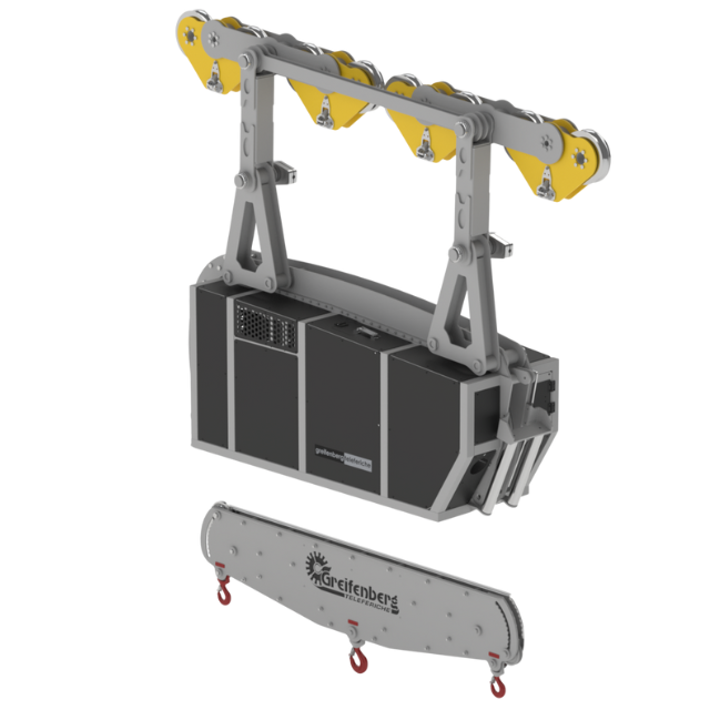 Un dispositivo metallico con telaio grigio, pulegge gialle e una barra divaricatrice grigia staccabile.