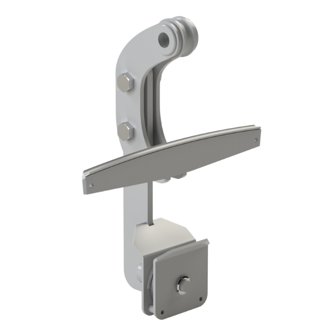 Supporto per telecamera in metallo grigio con braccio curvo e base regolabile.