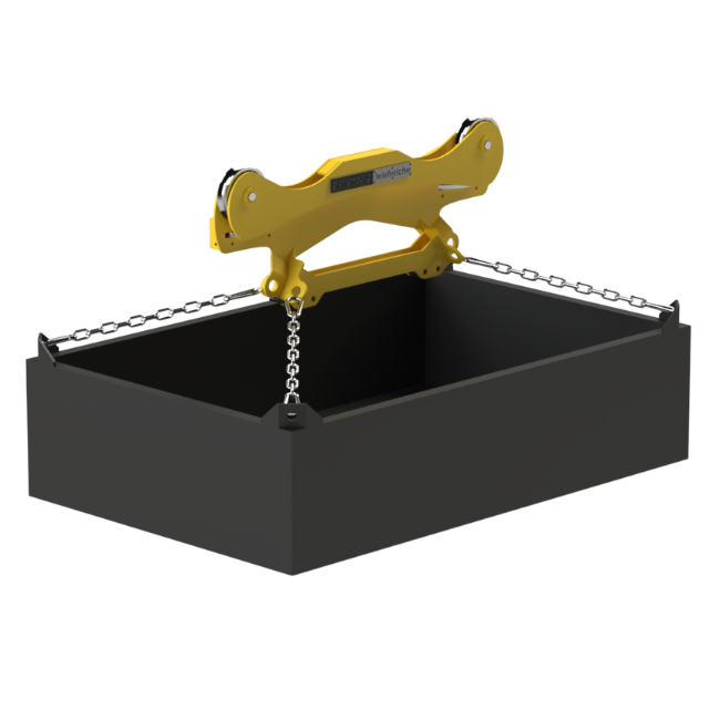 Dispositivo di sollevamento giallo fissato a un contenitore rettangolare nero, pronto per essere sollevato.