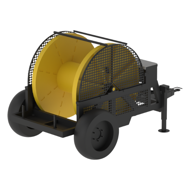 Bobina di cavi gialla su rimorchio nero con ruote.