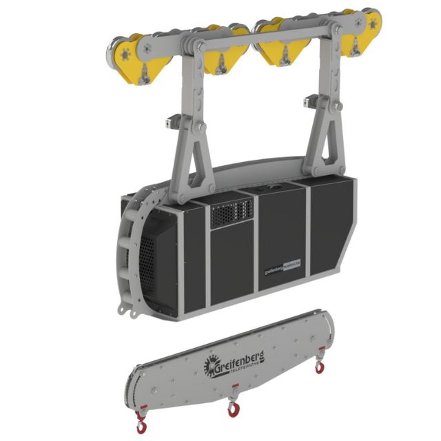 Robot industriale con telaio grigio, ruote gialle e scatola nera, che sostiene una parte inferiore separata.