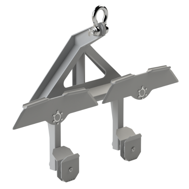 Telaio di sollevamento grigio con anello di fissaggio; utilizzato per sollevare oggetti con due culle.