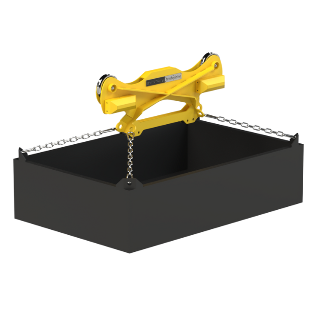 Pinza di sollevamento gialla che sospende un contenitore nero tramite catene.
