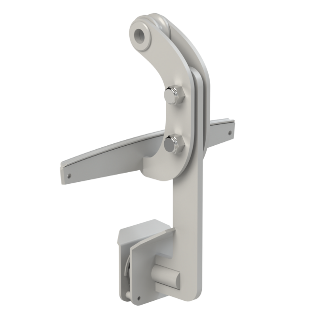 Cerniera in metallo grigio con braccio curvo, bulloni e punti di montaggio.