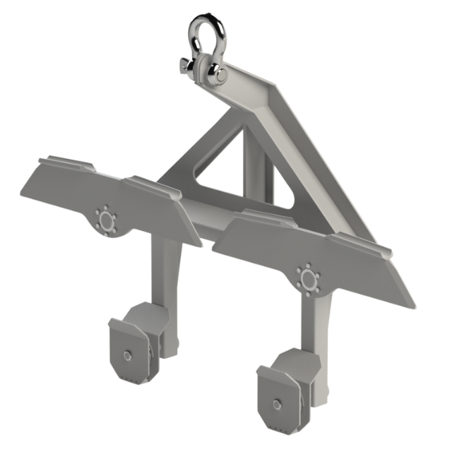 Dispositivo di sollevamento grigio con gancio per il fissaggio, progettato per sostenere e spostare oggetti.
