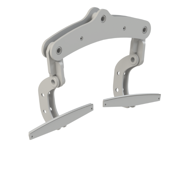 Dispositivo meccanico grigio con bracci articolati, maniglie e elemento di collegamento curvo.