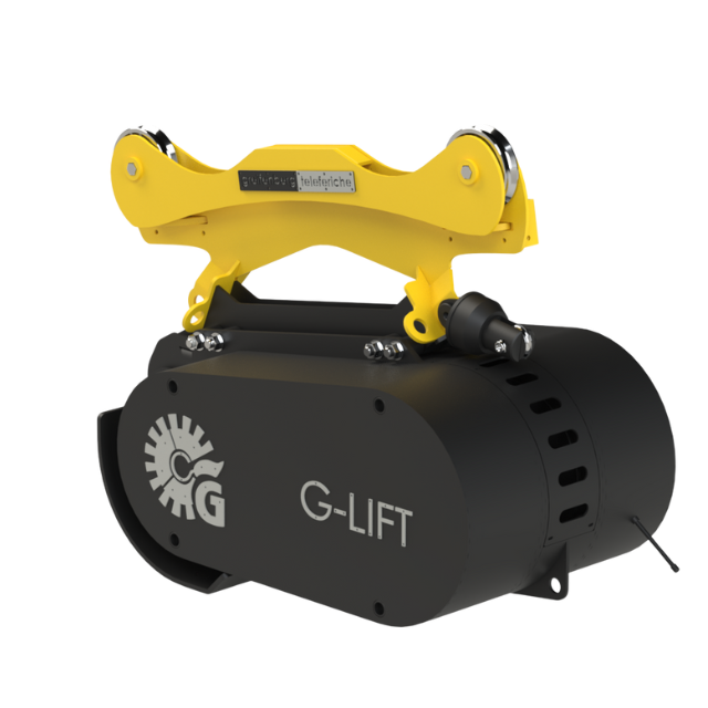 Dispositivo di sollevamento industriale G-LIFT nero e giallo con gancio, progettato per il sollevamento.