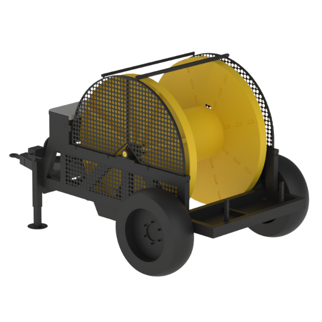 Rimorchio con avvolgicavo nero, grande bobina gialla e gabbia di sicurezza.