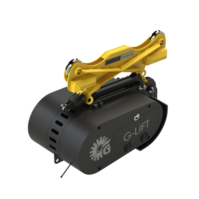 G-Lift nero e giallo, un dispositivo per la movimentazione dei materiali, con braccio di sollevamento e logo sul lato.