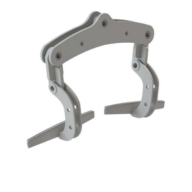 Artiglio robotico meccanico grigio, con giunti incernierati, aperto e pronto ad afferrare.